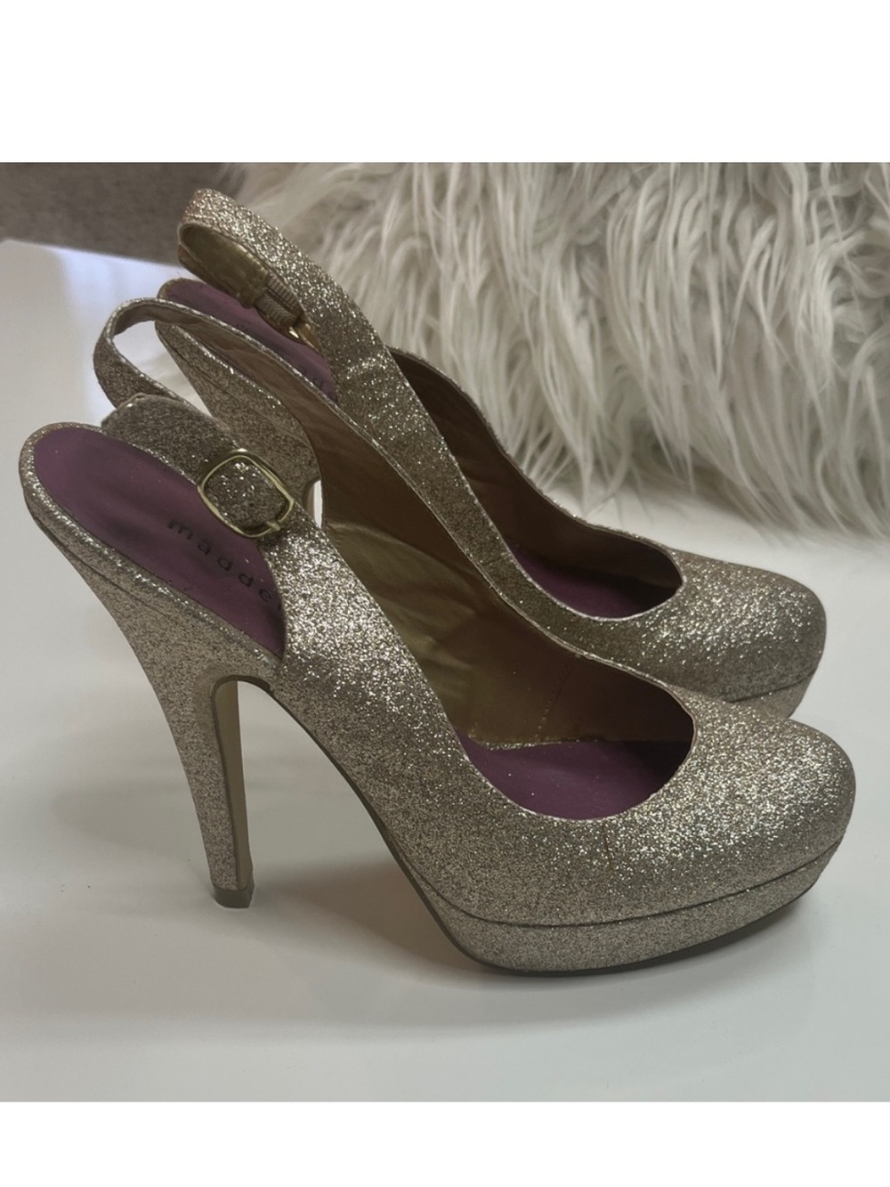 Gold Glitter Slingback Platform Heels Madden Girl Sookie Size 7.5